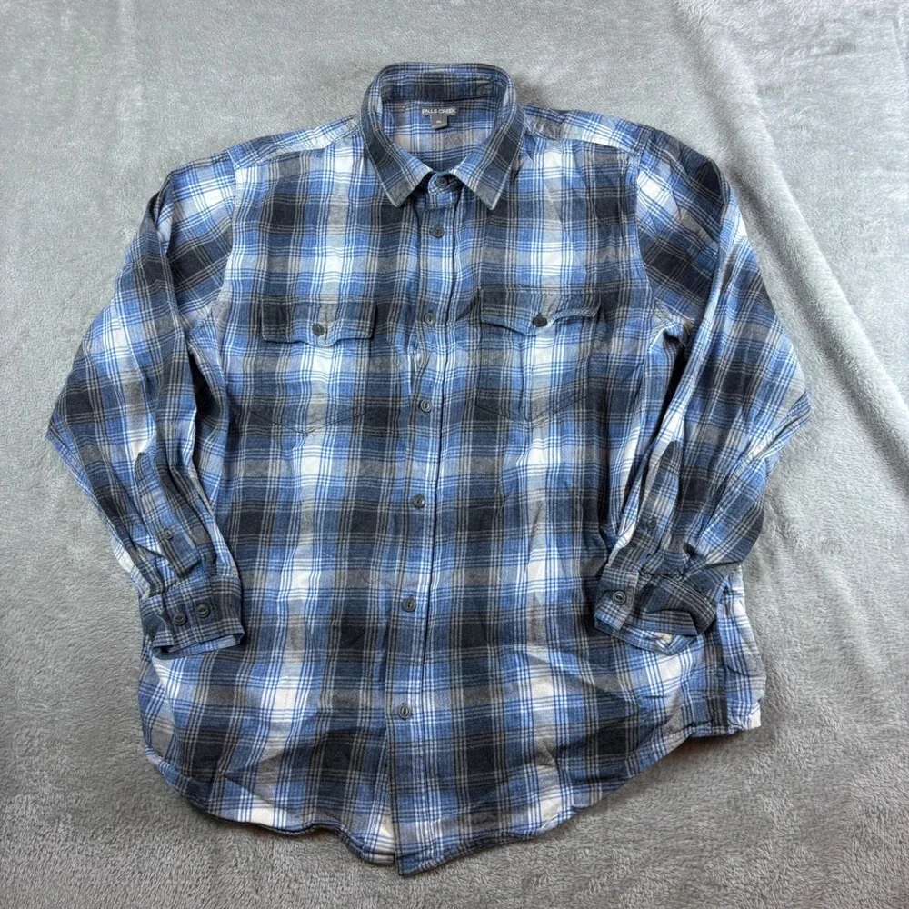 Falls Creek Shirt Mens XL Plaid Button Down Flannel Blue Grey